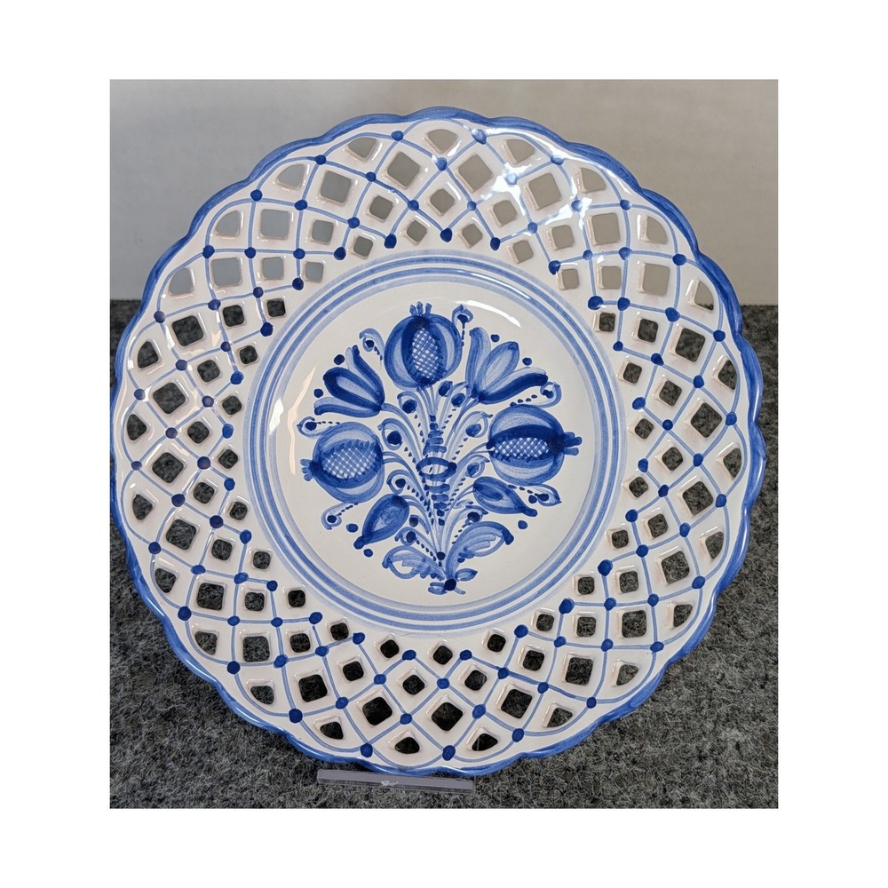 Vintage Hand Painted Blue White Reticulated Ceramic Floral Wall Plate 7 inch